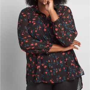 Lane Bryant Sheer Black Swiss Dot Floral Blouse
